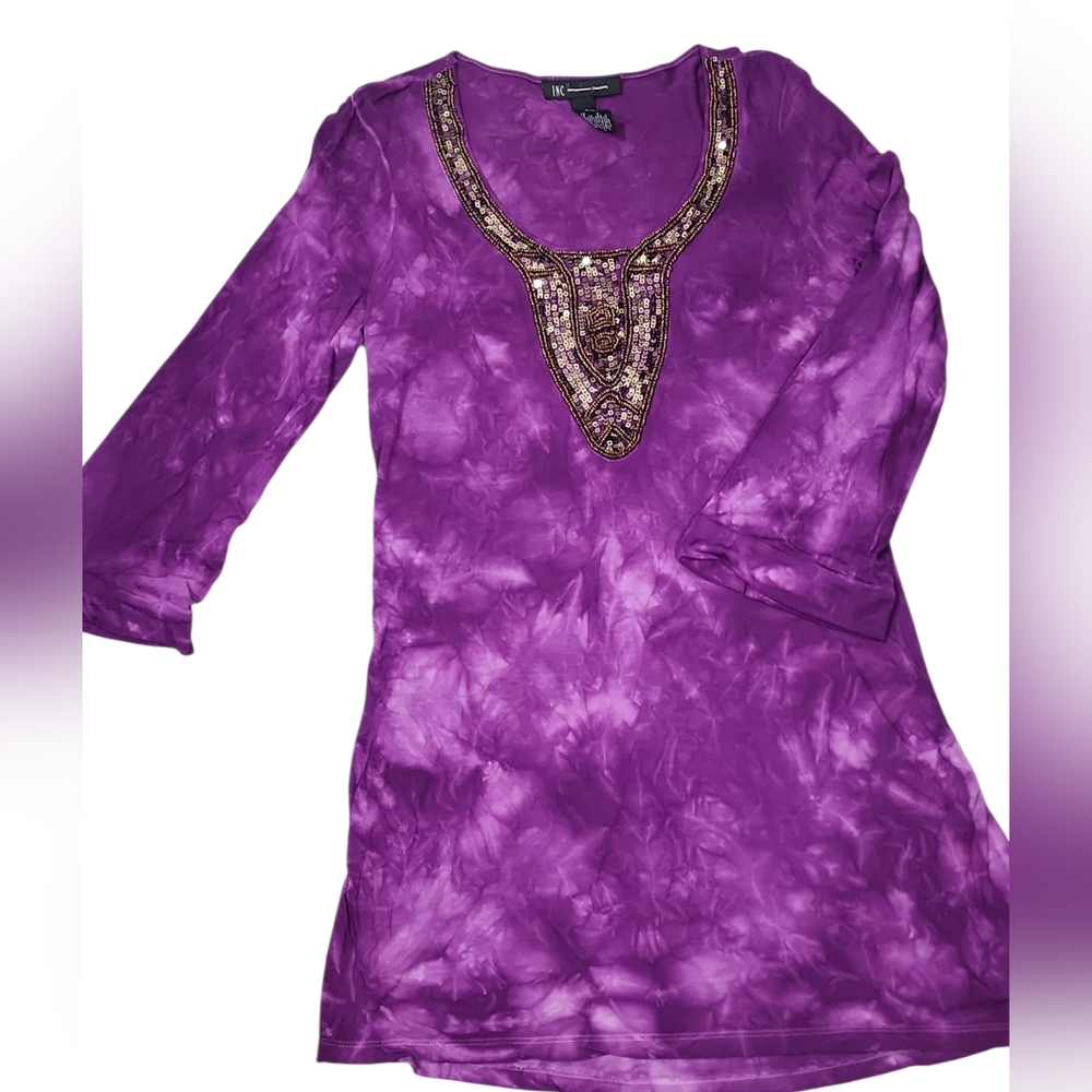 INC International Concepts Purple and Gold Embellished 3/4 Sleeve Tunic. S - Picture 6 of 10